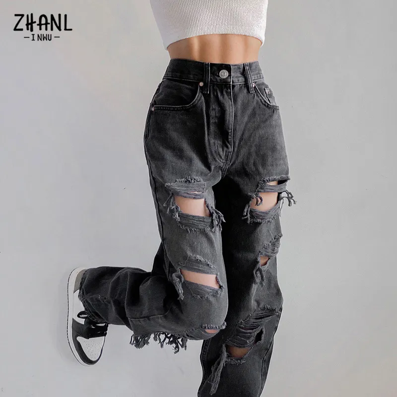 Noir déchiré taille haute Jeans pour femmes Vintage vêtements y2k mode droite Denim pantalon Streetwear trou Hip Hop pantalon jeans 220701