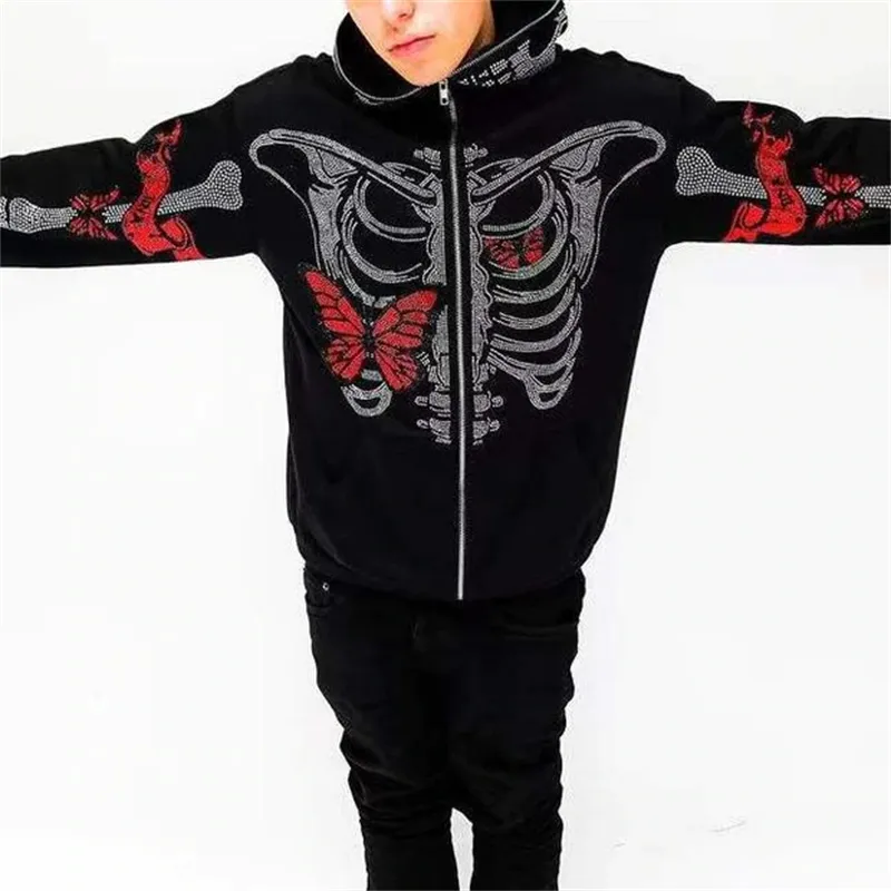 Zip Hoodie Men Y2K ropa con capucha Sudaderas con capucha Moda Goth rhinestones Butterfly Skeleton Print Sudadera de manga larga Top de gran tamaño 220721