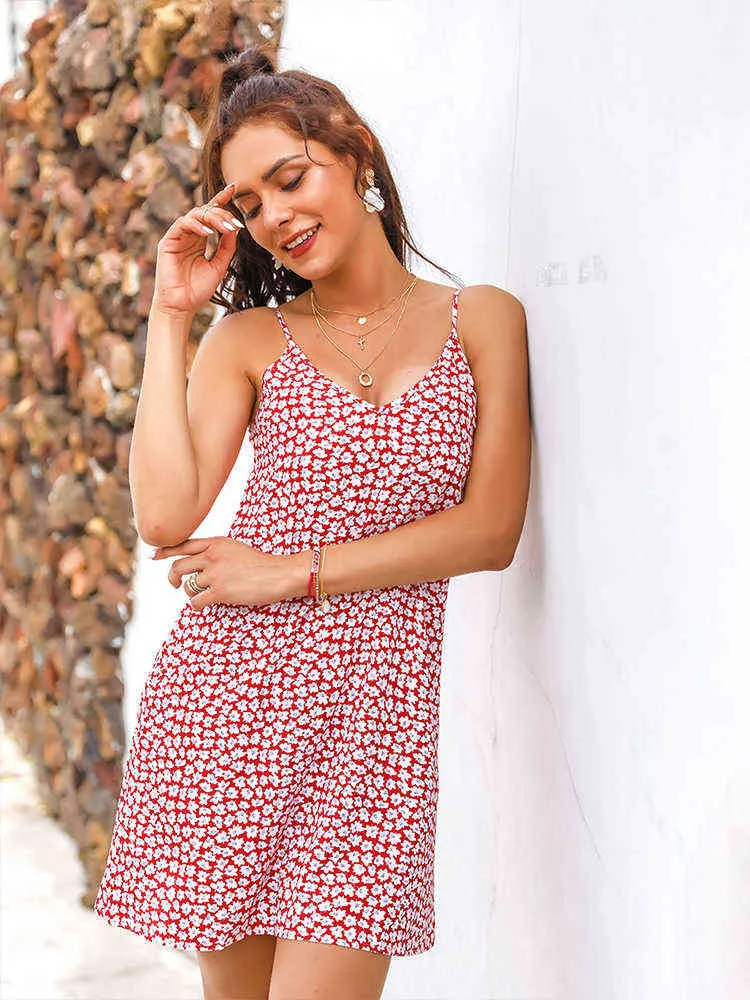 Vestidos de Wome Summer Floral Print Mini Dress Vintage Boho Bohemian Slip Dress Beach Praia curta A-line Ladies Casual Holiday G2205010