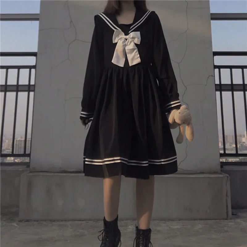 Japanese Lolita Kawaii Sweet Bowknot Robes Long-Sleeve Black Knee-Length Navy Preppy Party Women Summer Dress clothes dresses 220316