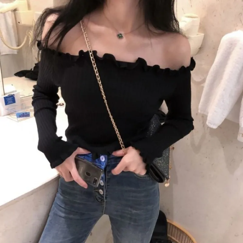 HELIAR Women off Shoulder Sweater Casual Jumper Long Sleeve Ruffles Hem Sweater Elastic Knitted Crop Rompers Women Autumn 220815