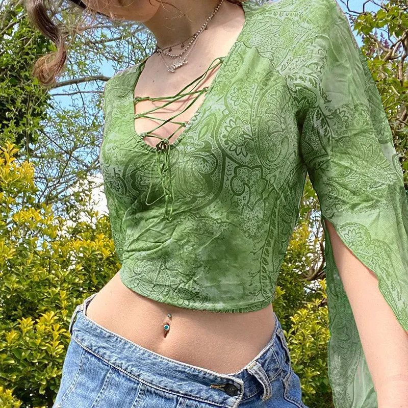 Vintage kvinnor sexig se till och med 2000 -talets mesh cardigan t shirt damer flickor flare långärmad knapp ner spets e tjej skörd tops 220714