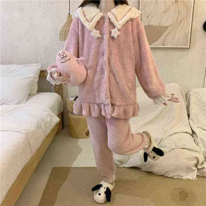 Flanell Winter Pyjama Set Women Cute Thermal Leisure Soft Plush Homewear Female Star Nightwear Hairy In Fashion Windsecture Girl L220803