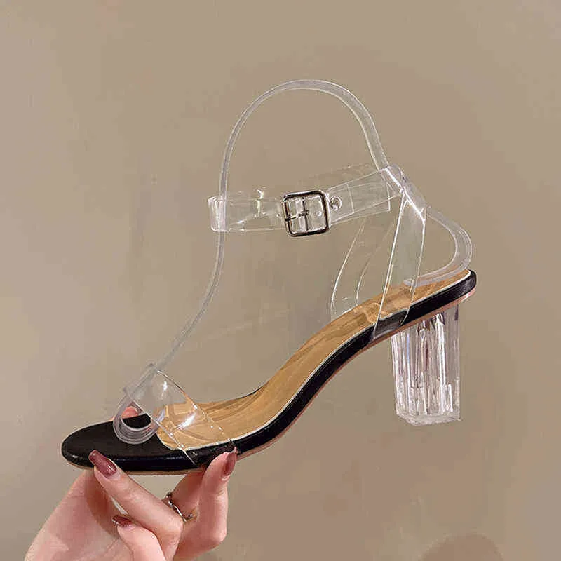 Sandals Sexy Transparent Pvc Women 2022 Summer Open Toe Thick Heels Clear Ankle Strap Party Shoes Woman 220419