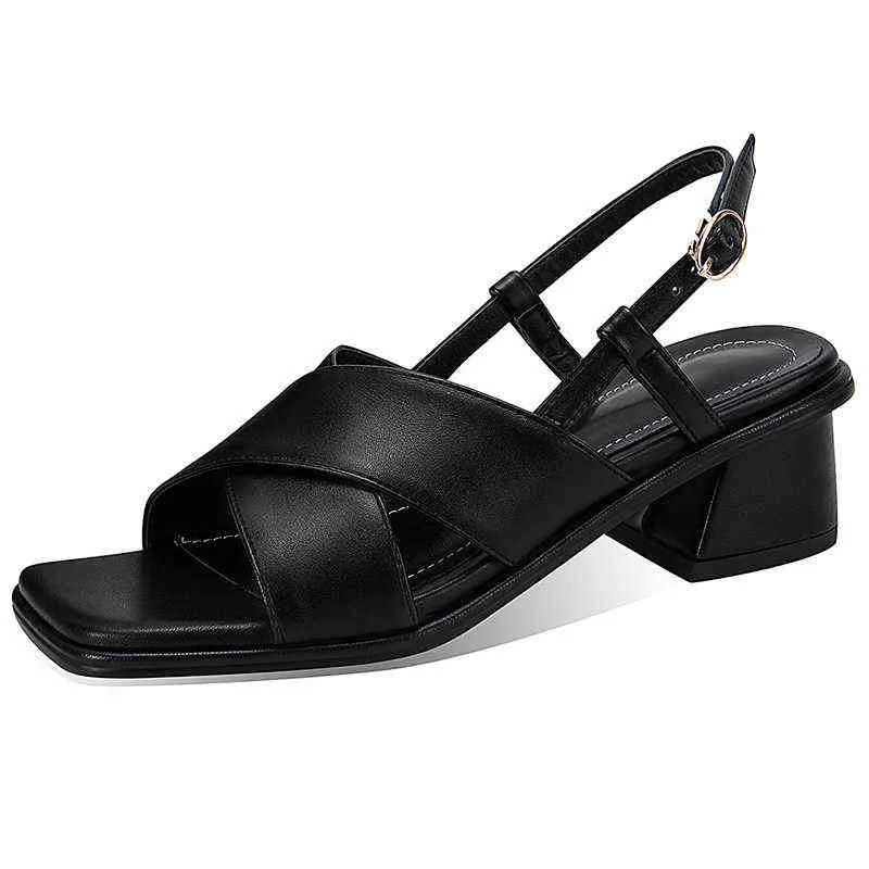 Sandálias de verão feminino de couro aberta bloco de salto alto gladiador mulheres casuais festas bege sapatos de casamento senhora 220427