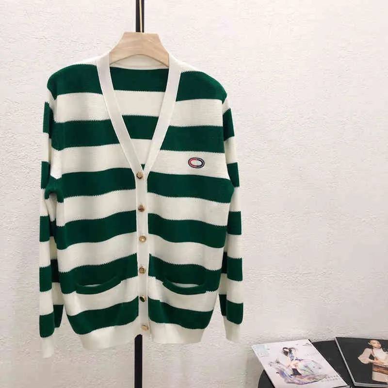 spring green and white stripe embroidered letters college style long sleeved knitted cardigan women's coat