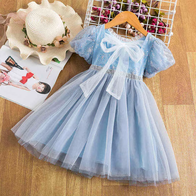Girls Princess Dress Puffy Sleeve Tulle Bow Flower Embroidery Tutu Vestidos Kids Children Wedding Birthday Party Fairy Clothes G220518