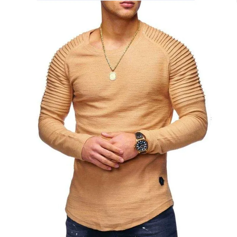 Manga de cor sólida plissada remendo detalhe manga longa t-shirt homens primavera tops casuais pullovers moda moda slim básico tops 220407