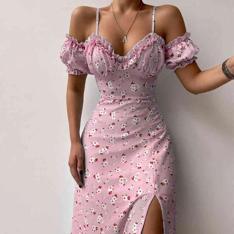 Espartilho sexy estampado ombro frio vestido feminino 2022 verão decote em v babados vestido de verão floral dividido vestidos de alças finas Y220526