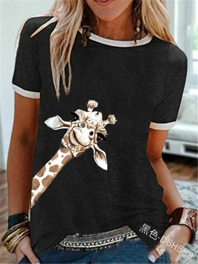 Grafische T -stukken Top Women Giraffe Print schattig katoenen t -shirt o nek mode zomer zomer korte mouw casual tops dierendruk t -shirts 220714