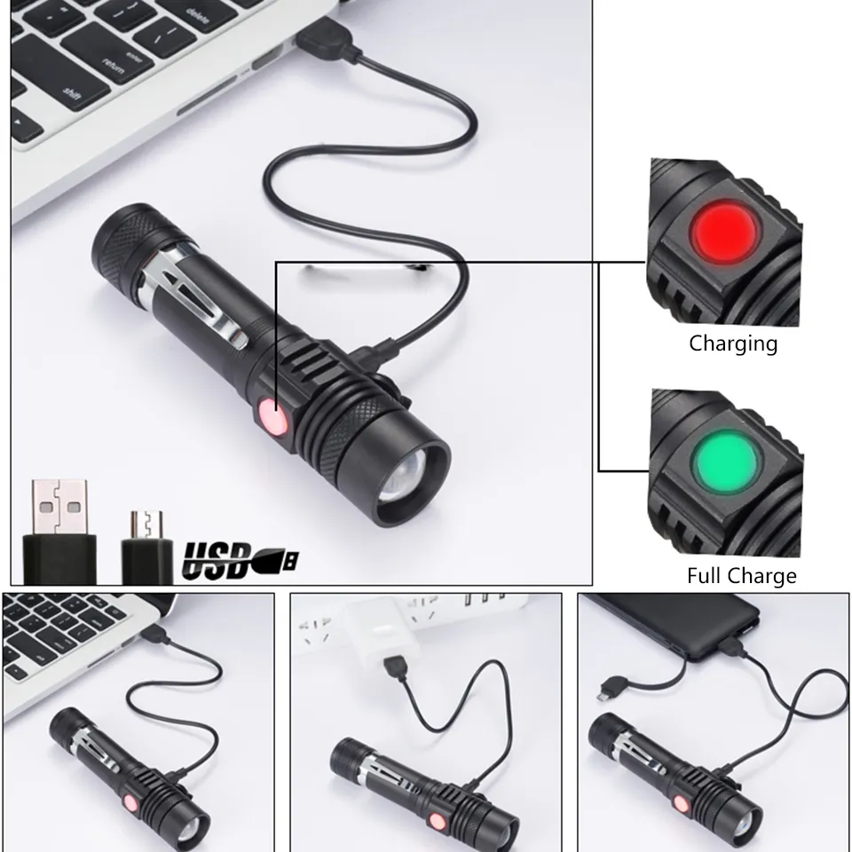 Nova lanterna de bicicleta recarregável USB lanterna LED XP-L V6 XM-L2 U3 T6 Tocha de alumínio Zoomable 18650 Pesca de luz de bicicleta de bicicleta de bateria