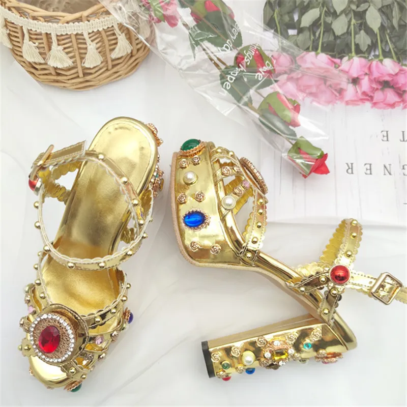 Złoto prawdziwe skórzane luksusowe kryształowe sandały sandały otwartego palca na wysokim obcasie seksowne buty żeńskie pasek ubiór biura platforma ślubna buty 220516