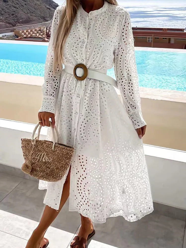 Elegant Hollow Out Lace Solid Dress Office Lady Slit Button Shirt Summer Spring Long Sleeve Tennis Beach es Robe 220613