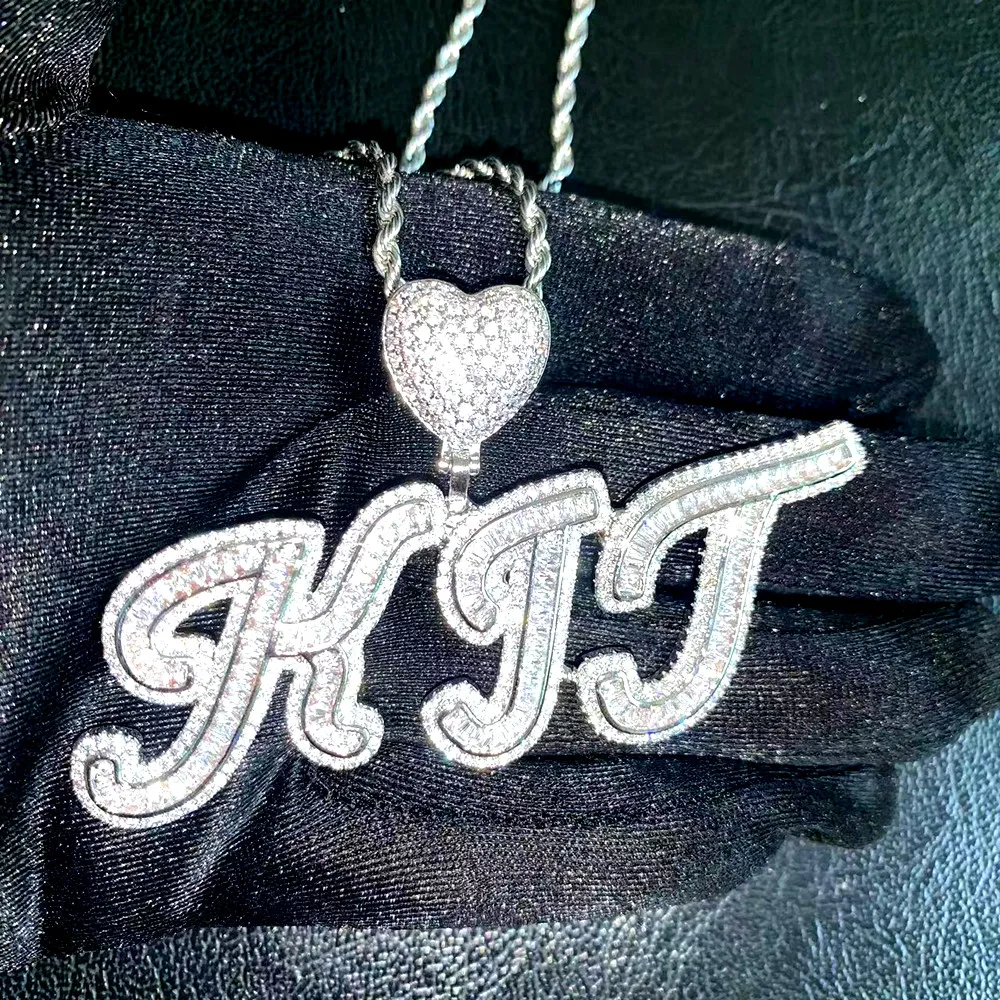 Custom Baguettes Script Letters Pendant With Heart Clasp Necklace Tennis Chain Micro Paved CZ Personalized Hiphop Jewelry277z