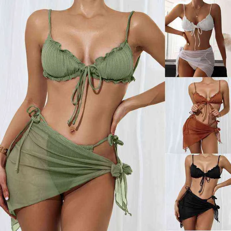 Women Bikini Slim Beachwear Sexy Small Chest Swimsuit Bathing Suit Cover Gathered Wrap Swimming Bathing Suit with Cover Ups Y220420