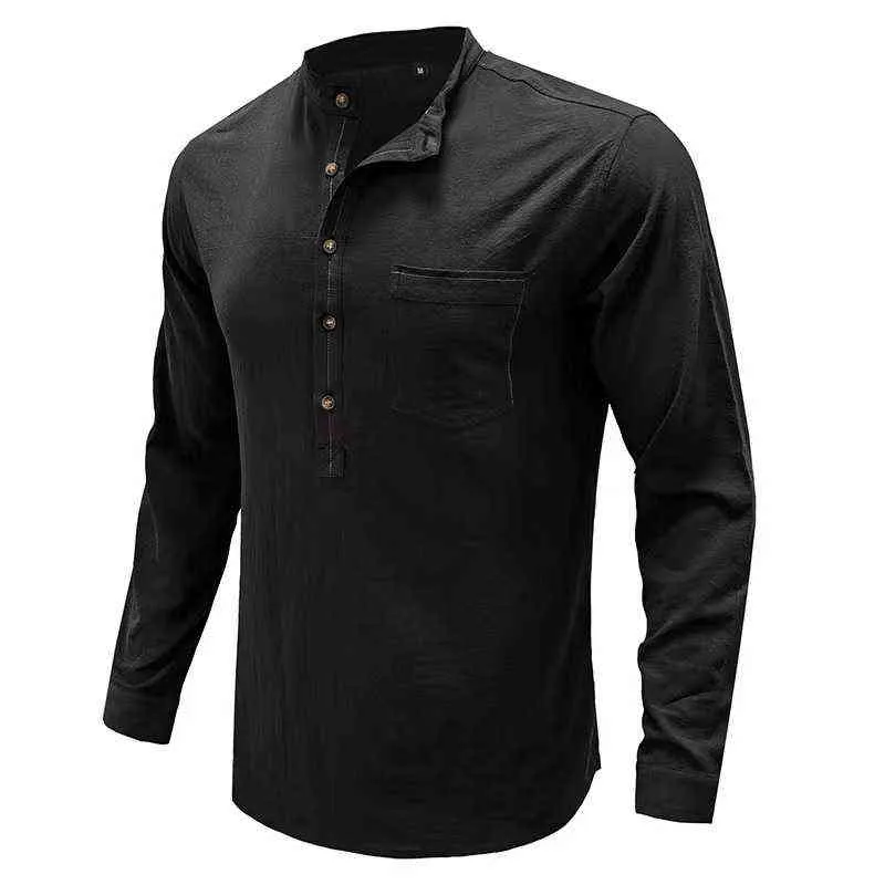 Camicetta casual da uomo nuova Camicia di lino in cotone Camicie larghe T-shirt a maniche lunghe Primavera Autunno Camicia da uomo casual con bottoni solidi L220704