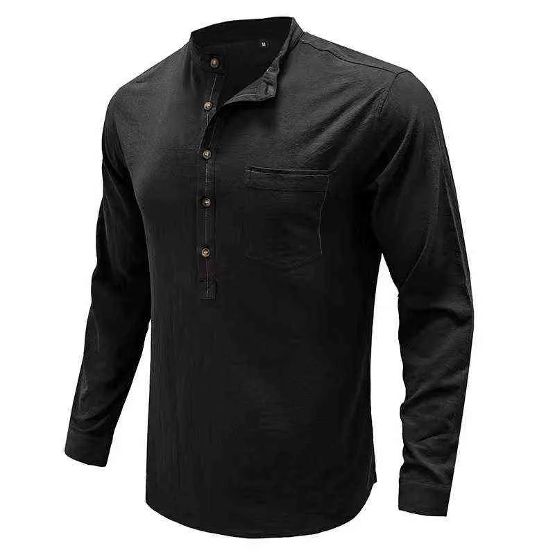 Nieuwe heren casual blouse katoenen linnen shirt losse tops lange mouw tee shirt lente herfst casual knop solide knappe heren shirt l220704