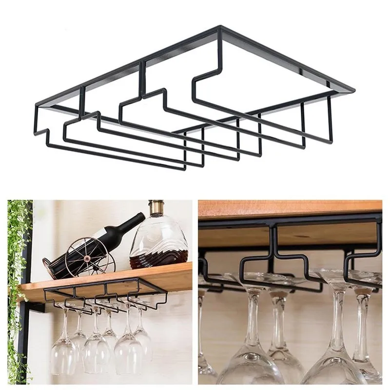 Vingglasögonhållare Bartender Stemware Hanging Rack Under Cabinet Organizer Glass Goblet Iron Bar Tool Black 220509