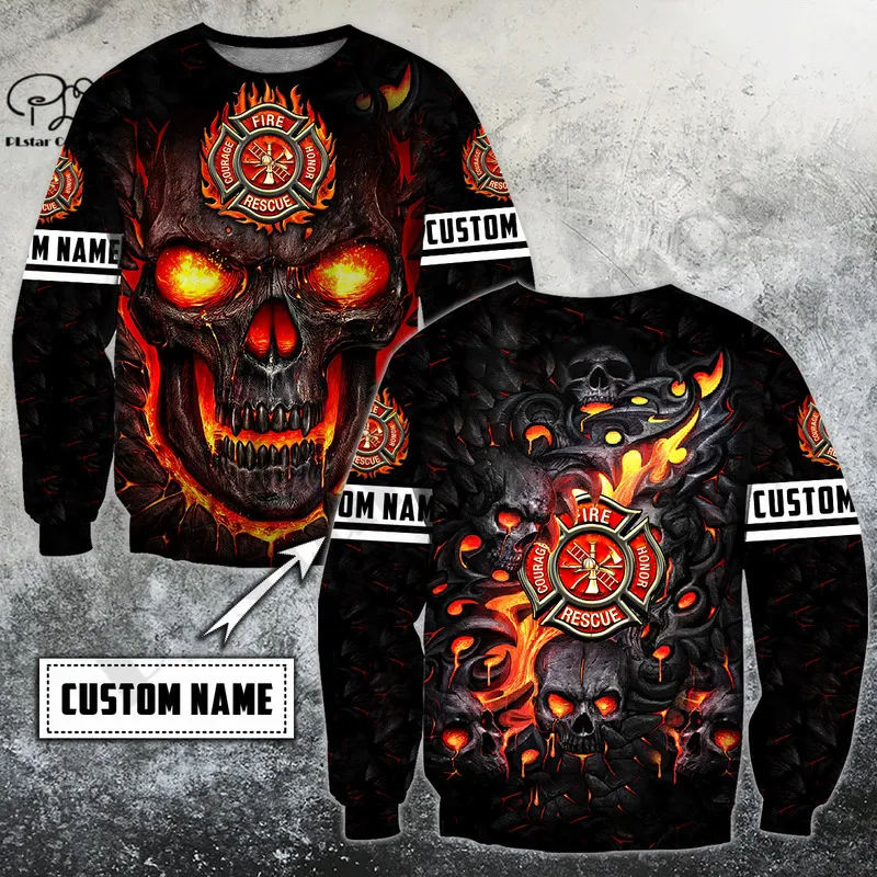 PLstar Cosmos 3DPrinted est Skull Firefighter Custom Name Unique Hrajuku Streetwear Unisex Casual Hoodies Zip Sweatshirt Q 5 220713