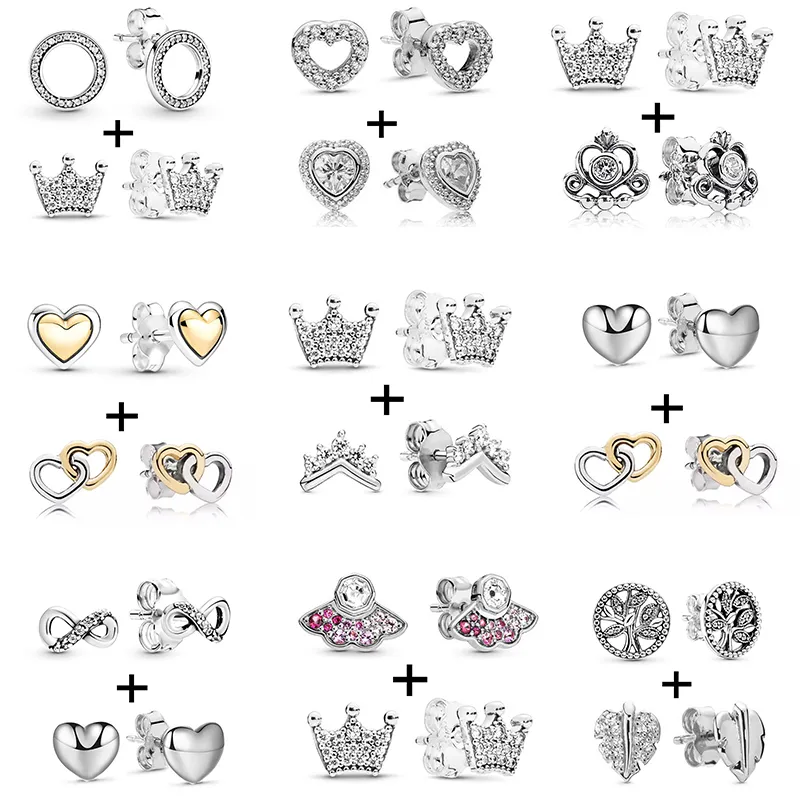 Nuovi orecchini a bottone rotondi in argento sterling 925 con corona d'argento popolare di alta qualità CZ trasparente orecchini Pandora Regalo di gioielli da sposa donna Offerta speciale