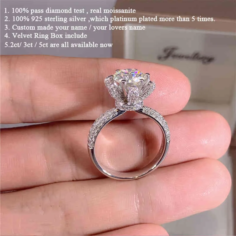 Anpassat namn Certified 5 Diamond Engagement Ring Women 14K White Gold Sterling Silver Bridal Moissanite Rings Wedding Band Jewelry226B