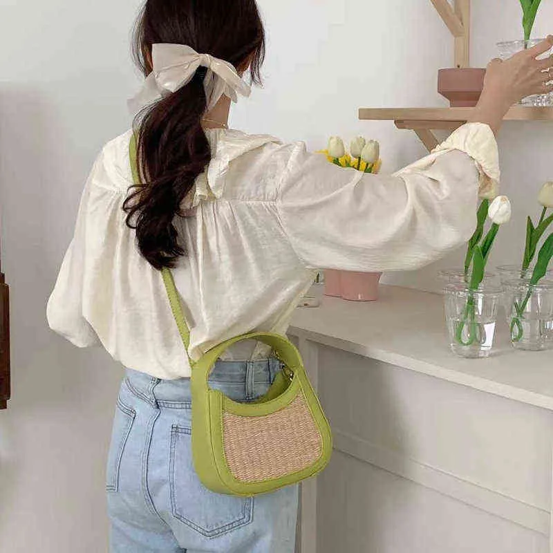 Zakken verwarm leer met de hand met een enkele schouder diagonaal stro geweven tas vrijetijds dames