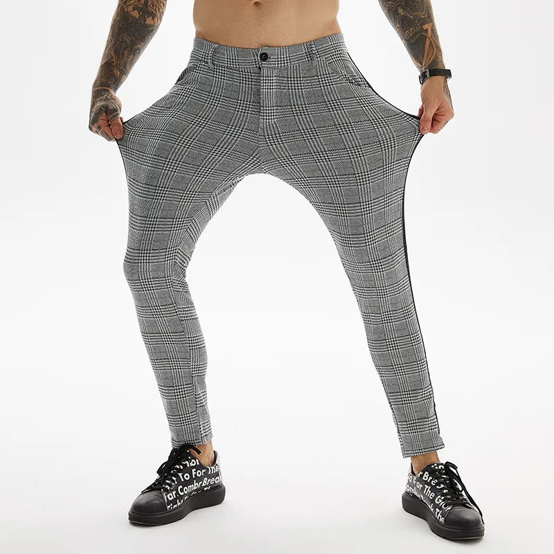 Men's Casual Plaid Pants Down Slim Gray Skinny Plus Sizes Long Fashion Streetwear Men Business Elastic Cotton Checked Trousers 220325