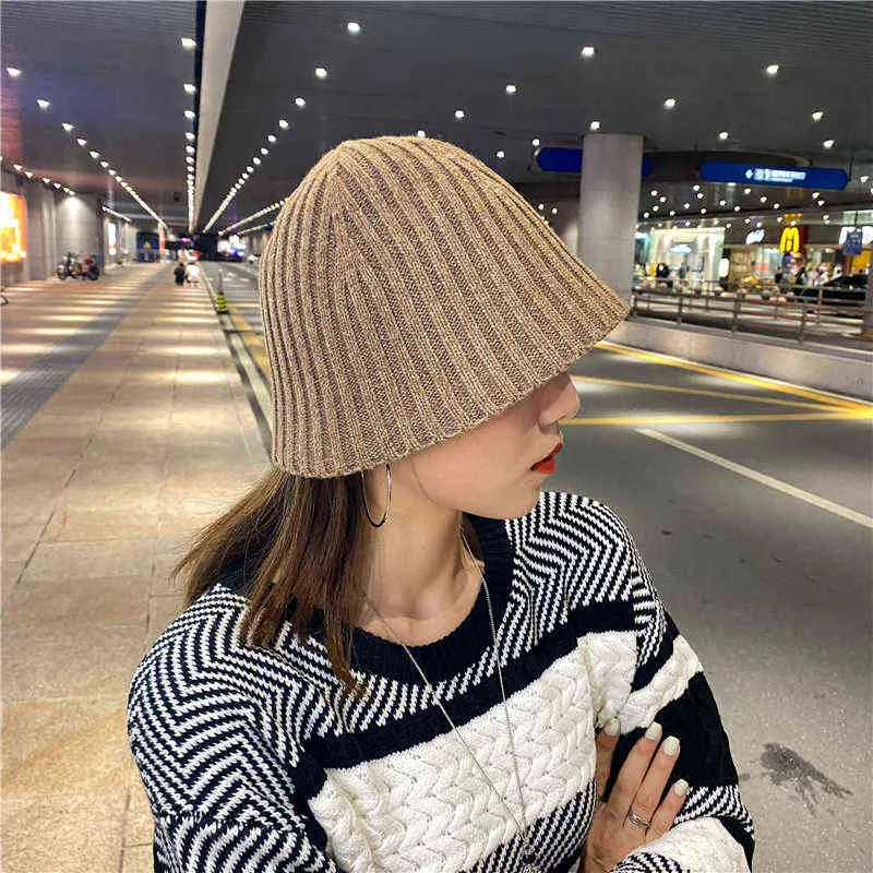 Outono e inverno versão coreana de chapéu de bacia selvagem quente lã pura cor pescador chapéu de malha chapéu g220418