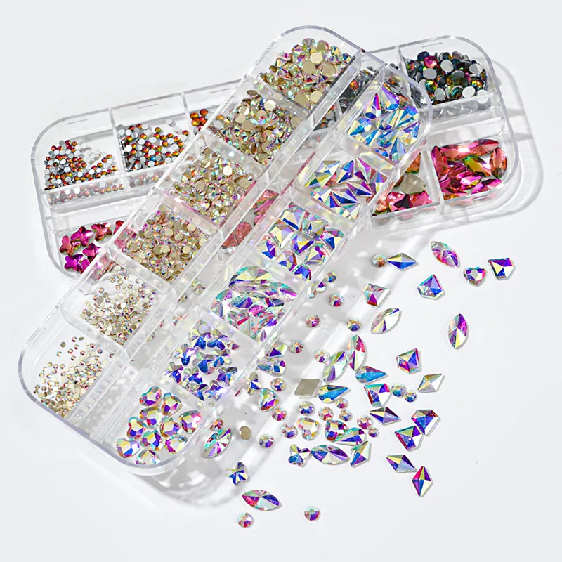 مربع 12Gird Multi Size AB/Hotfix Rhinestones Flatback Crystal Diamond Gems 3D Glitter Nail Art Decorations الفاخر