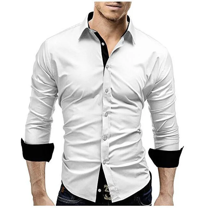 Mężczyźni Koszula Marka Wiosna Męska Wysokiej Jakości Koszulki z długim rękawem Casual Hit Color Slim Fit Black Man Business C1758 220322