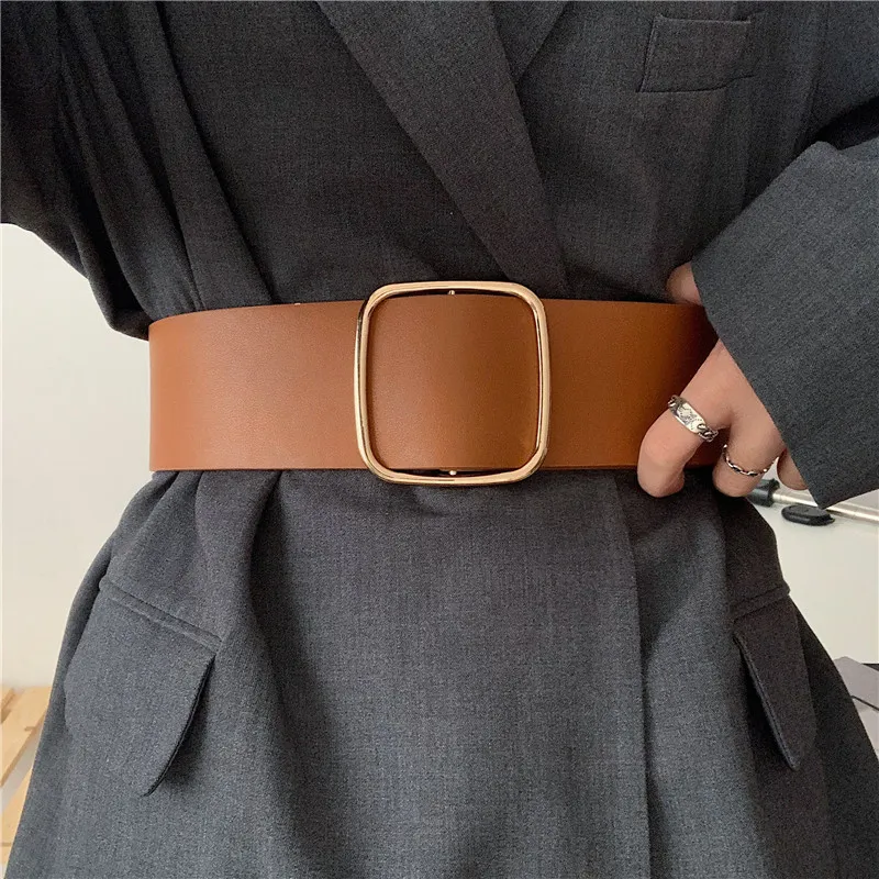 Women s Fashion Black Wide Belt Square Buckle Nonporous Imitation leather Waist Strap Decorative Coat Dress Simple Waistband 220712