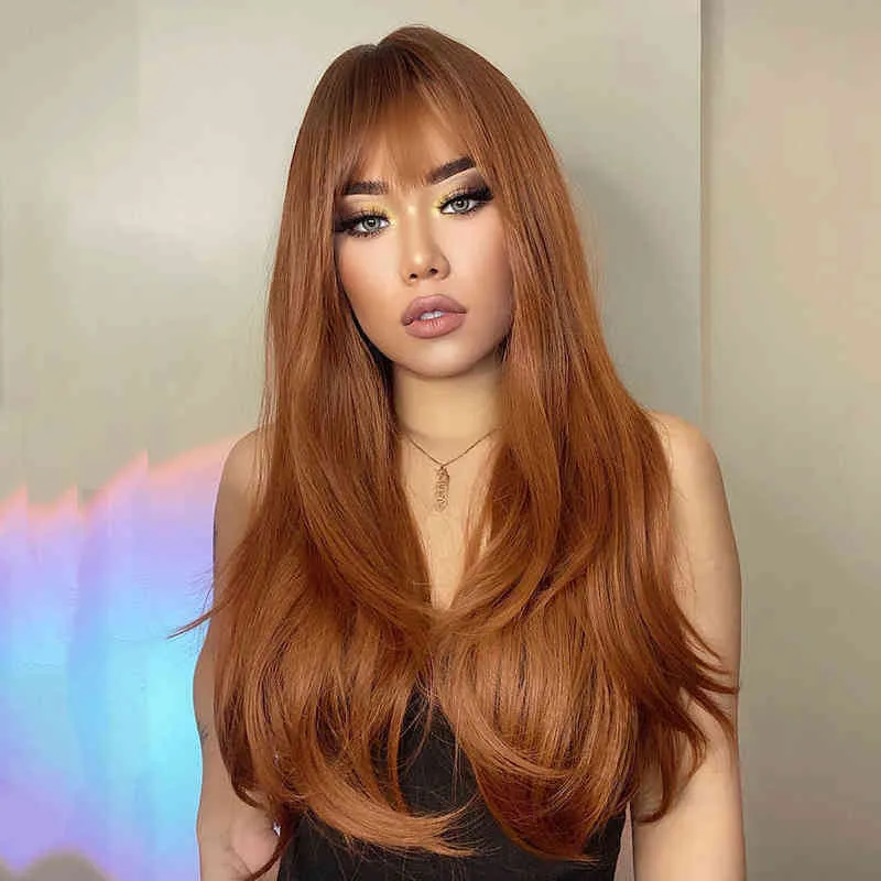 Henry Margu Ombre Kırmızı Kahverengi Bakır Ginger Uzun Sentetik Peruk Kadınlar için Doğal Dalga Perukları Patlamalı Isıya Dayanıklı Cosplay Saç 220622