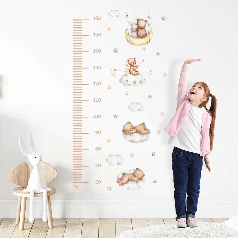 Cartoon Baby Misurazione dell'altezza Orso Nuvole Luna Stelle Wall Sticker Nursery Decalcomanie da muro in vinile Camera da letto bambini Interior Home Decor 220613