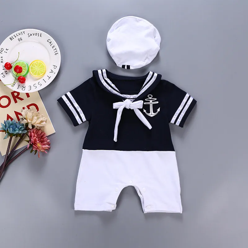 Mode Été né Marine Style Bébé Barboteuse Enfants Garçons Filles Sailor JumpsuitHat Corps À Manches Courtes Anchor Imprimé Costume 220525
