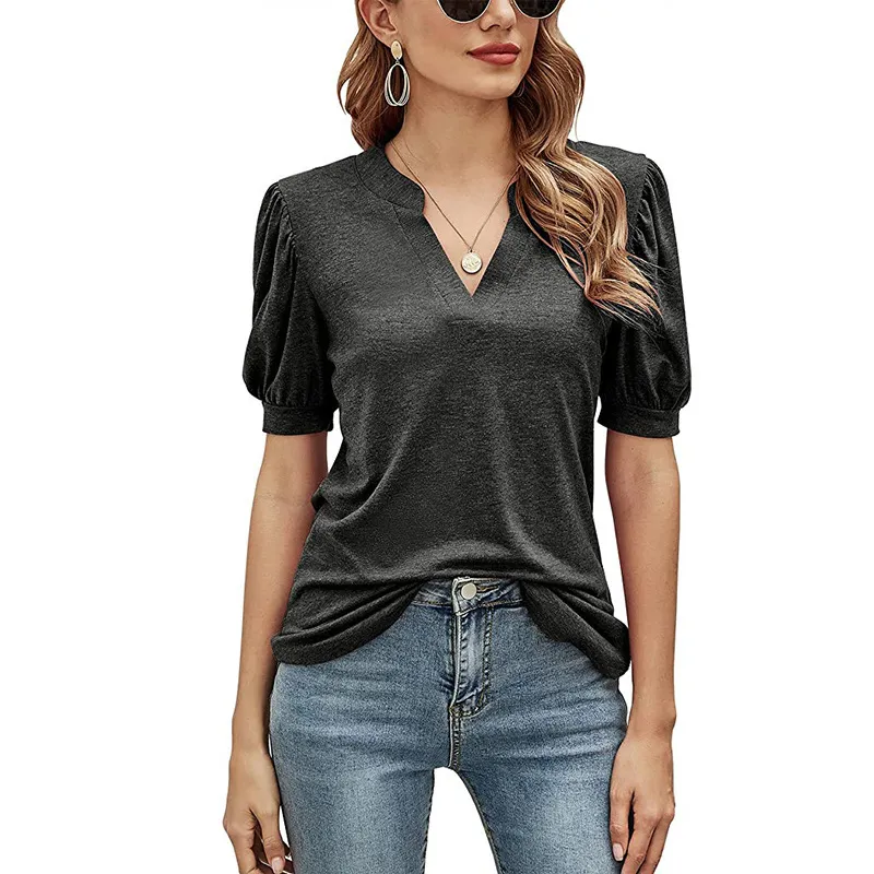 夏のカジュアルVネックTシャツのソリッドカラーパフスリーブルーズクロップトップレディース女性服用の綿特大のTシャツ