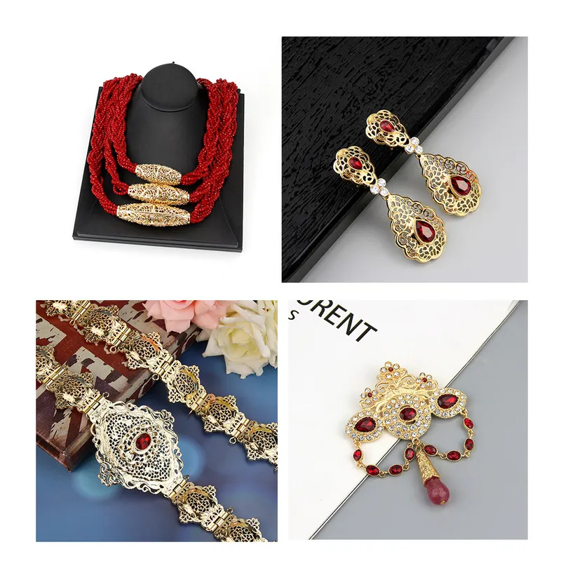 Sunspicems Gold Color Moroccan Wedding Jewelry Sets For Women Bead Necklace Brooch Drop Earring Metal Belt Caftan Bijoux Gift 220726
