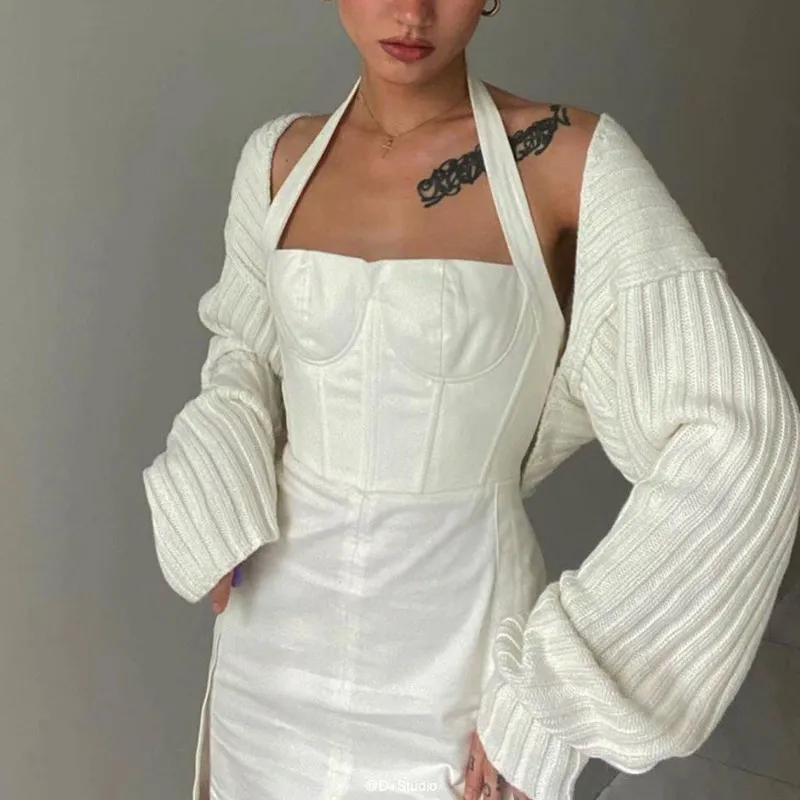 Sexig beskuren Cardigan Sticked Short Cardigan Sweaters For Women Fashion Cute Tops Korean Style Long Sleeve Top Batwing Sleeve 220812