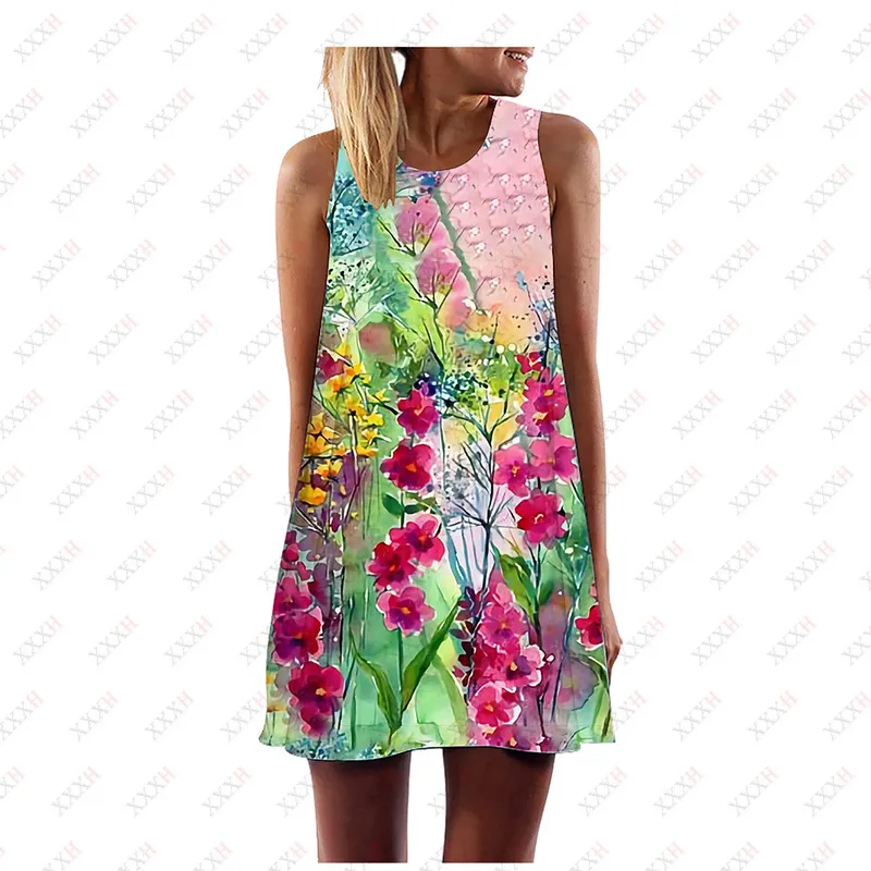 XXXH Vestido de flores Suelto Sin mangas Estampado 3D Casual Verano Una línea Vestidos de mujer Patrón Minifalda delgada 220713