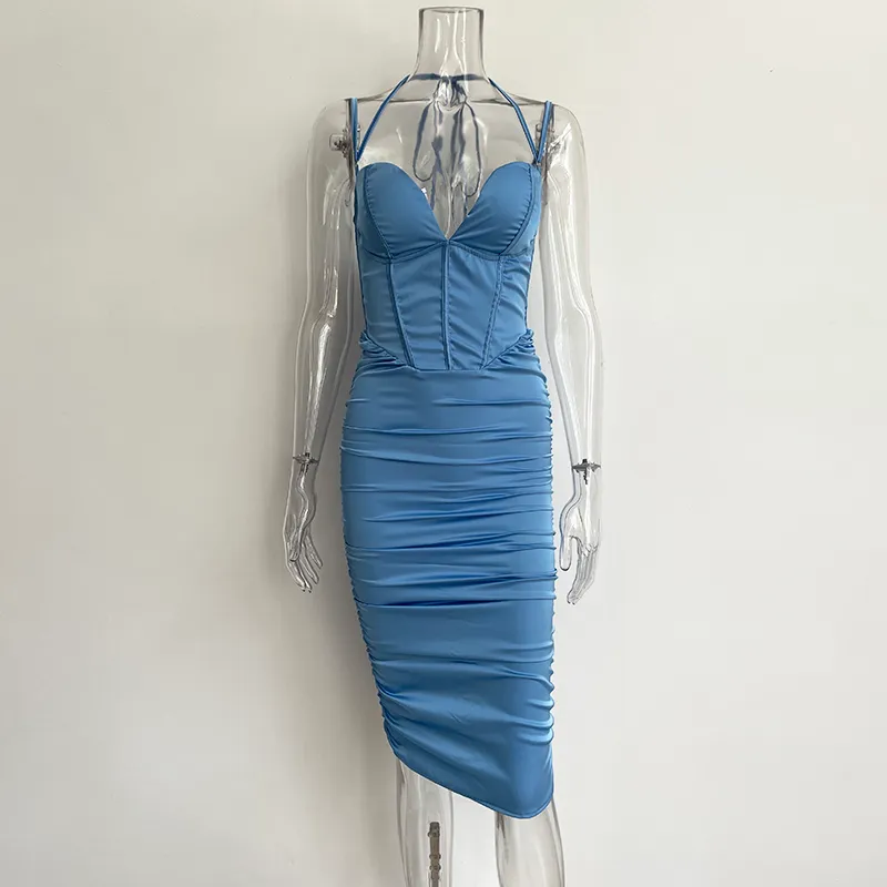 XLLAIS mode soirée bleu robes moulantes élégant anniversaire Club Robe de soirée Sexy col en v femmes vacances robes 220507