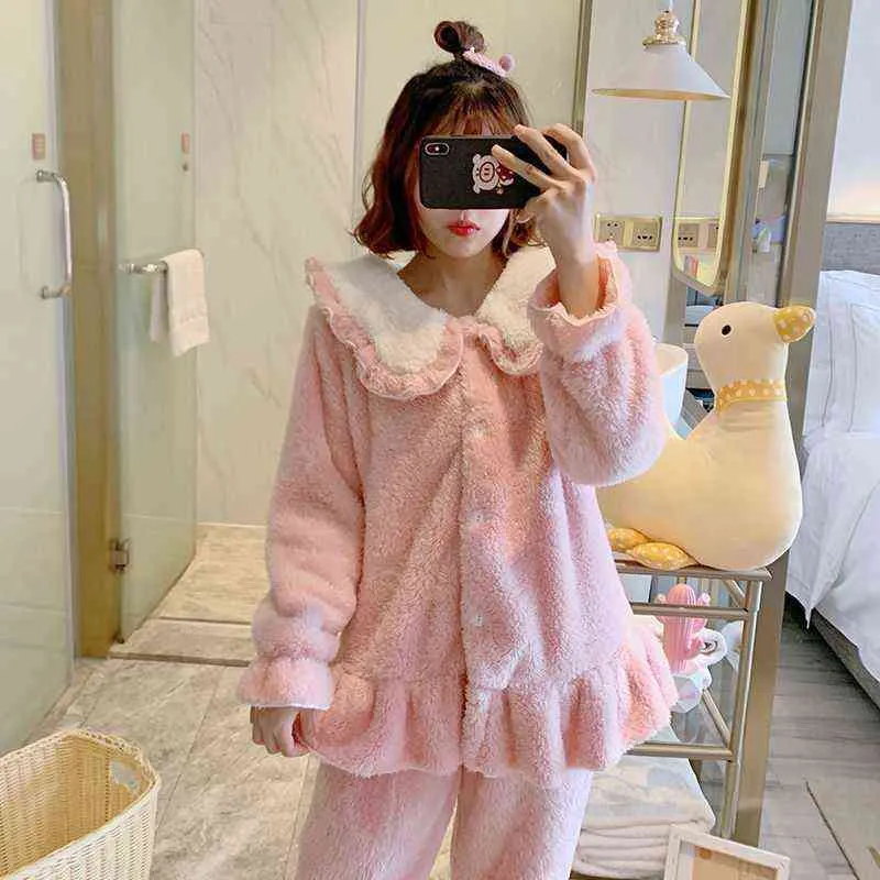 Winter Pyjama Sets Women Coral Velvet Ruffles Thermal Simple Single Breasted Fuzzy Nightwear Cute Tender In Stylish Nightwear L220803