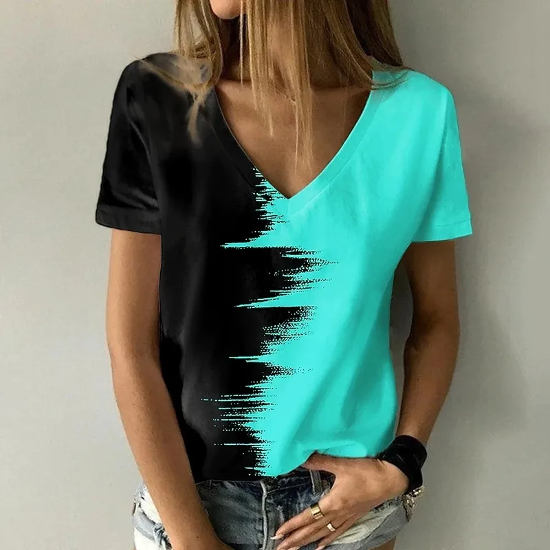 Летние женские моды абстрактные 3d печатная роспись футболка цвет блока печатает v шеи базовые топы свободная рубашка плюс размер pullover 220408