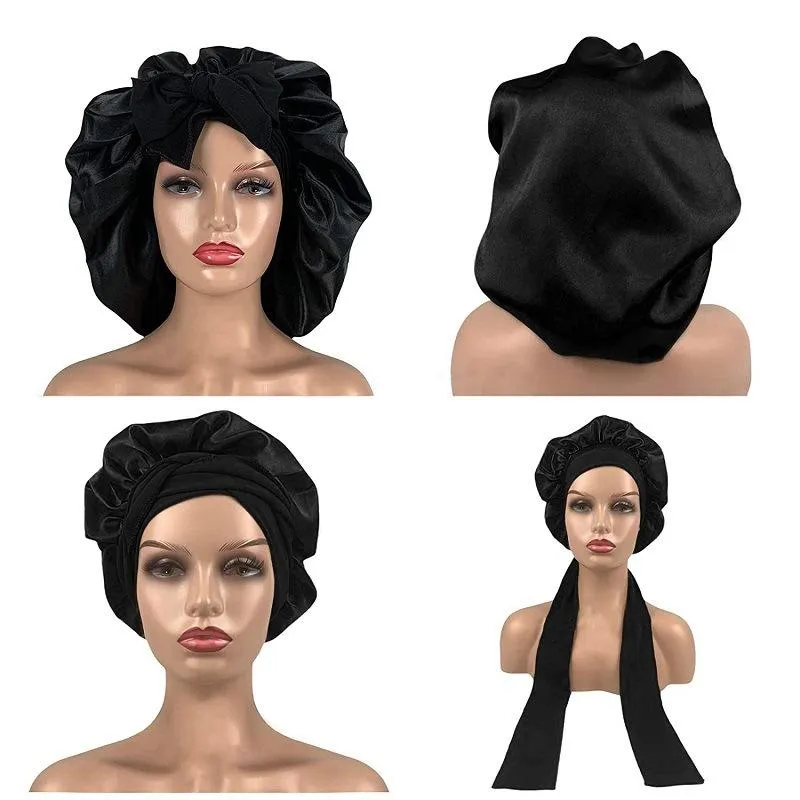 Beanie Skull Caps Fshion Mujeres Satin Night Sleep Cap Hair Bonnet Hat Seda Cubierta de cabeza Banda elástica ancha Ducha de ala grande Nightc207l