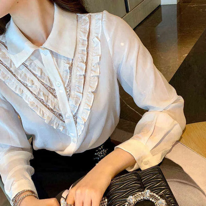 autumn new white shirt wood ear stitching long sleeved celebrity high sense blouse
