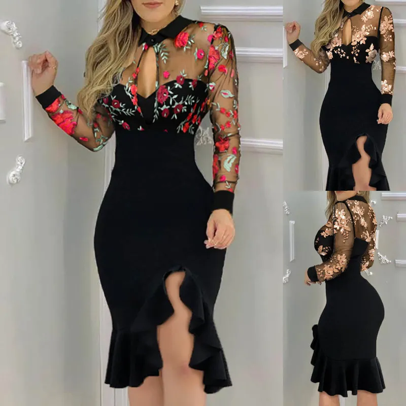 Women Slit Ruffles Hem Floral Pattern Slimming Lace Mesh Hollow Out Sexy V Neck Printed Long Sleeve Dress Elegent Daily Wear 220613