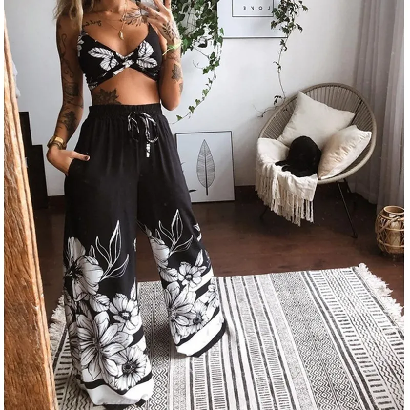 Été Femmes Mode 2 Pièces Ensemble Survêtement Boho Imprimer Sexy Sans Manches Haut Court Lâche Pantalon Large Costumes Vêtements Féminins 220812