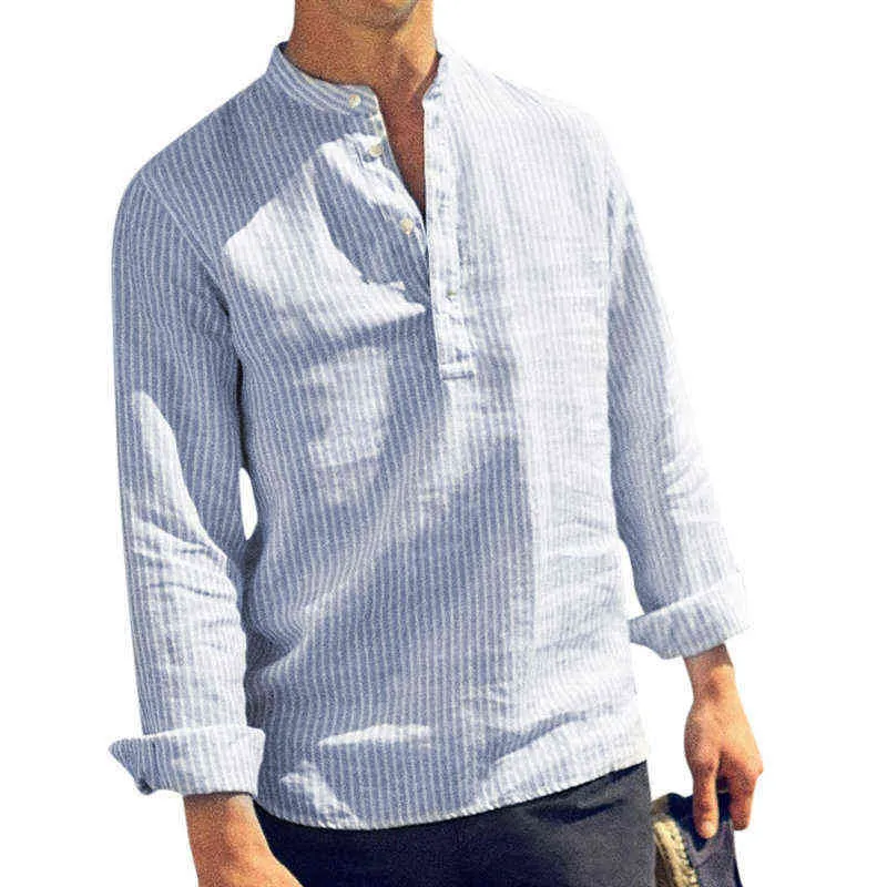 2022 Novo algodão de manga comprida camisas masculinas Spring outono listrado slim stand stand colar camisa masculina plus size 5xl l220704