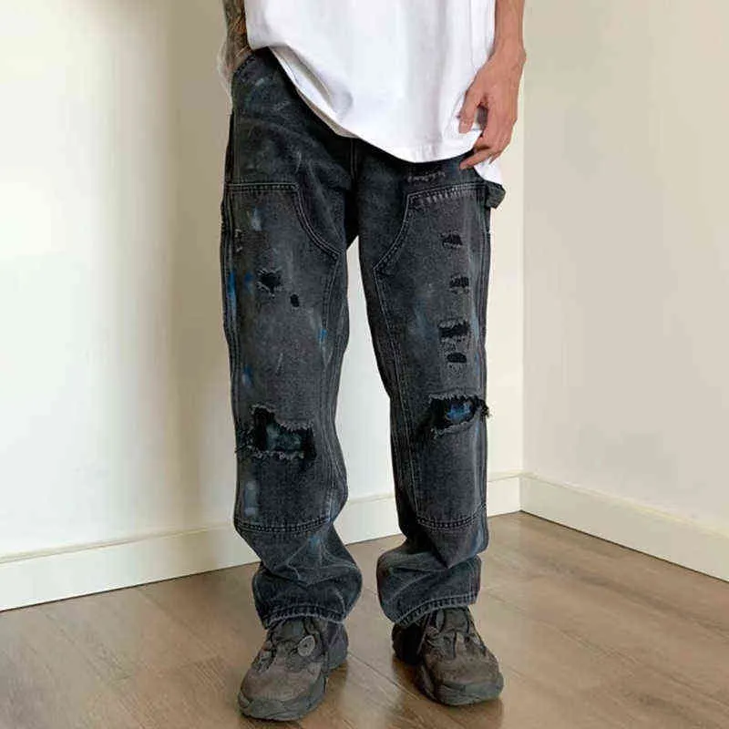 Zerwane w trudnej sytuacji Dziure strzępione odzież uliczna dżinsowe spodnie retro harajuku malowany atrament splash prosto w lupgy swobodne dżinsy spodnie T220803