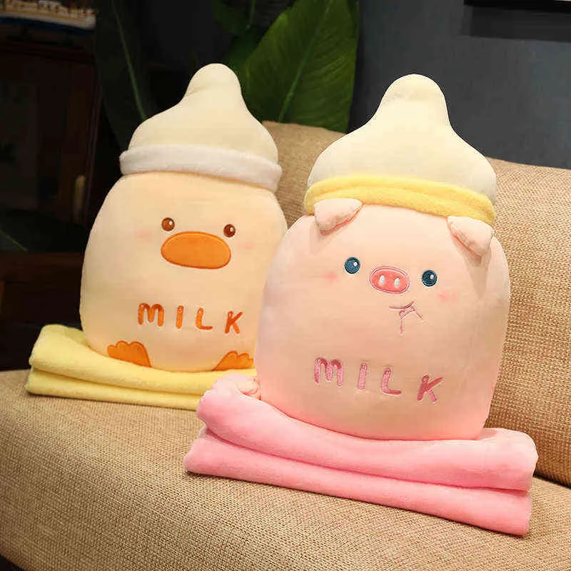 CM Milk Bottle knuffels Doll Ultra Soft Bunny Dino Pig Tiger Duck Plushie in flanellen deken Duffel J220704