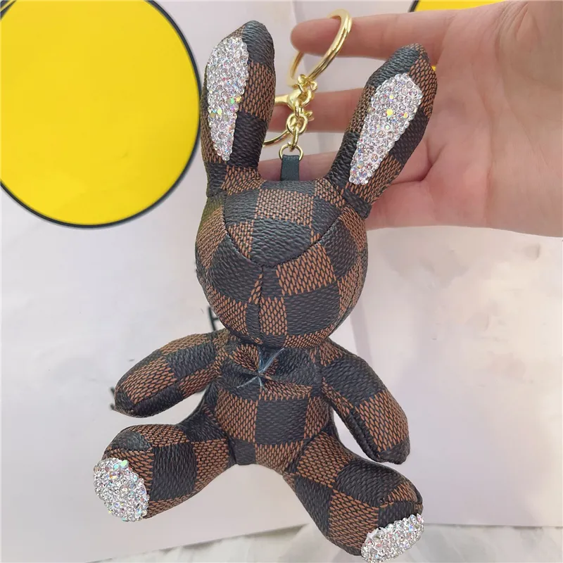 Animal Rabbit Keyrings PU Leather Luxury Rhinestone Key Chains Rings Jewelry Fashion Black Brown Flower Plaid Design Pendant Bag C296t