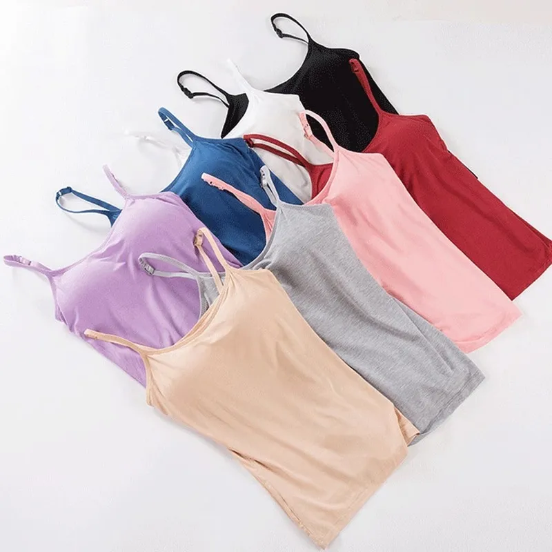 Lång Camis med inbyggd hylla Bra Justerbar rem Kvinnor Layering Basic Tanks Top Solid Bomull Bröstkudde Sommar T-tröja 220318